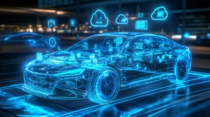 Poster - 青色光の未来的な自動車のデジタルイラスト 複雑なインフラと接続性を示す背景