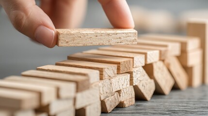 Poster - Person skillfully placing a wooden block into a stack illustrating adaptive corporate leadership and agile strategy concepts