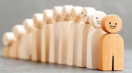 Poster - Wooden figure standing amongst a row of people representing adaptive corporate leadership and team dynamics in business