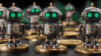 Poster - Robot toy standing on a coin symbolizing ai-driven universal basic income frameworks and economic concepts