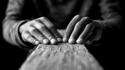 Poster - Close-up view of hands working with a wooden plank.