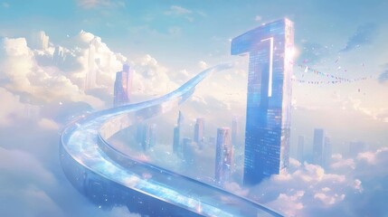 Poster - 青空にそびえる巨大な数字の建築デザインとクラウドロード未来都市の抽象的な風景