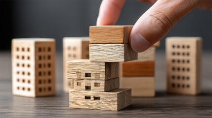 Poster - A hand carefully placing a block of wood in a precise manner for building a stable structure or tower