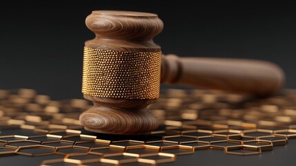 Poster - Wooden object on a table representing fintech regulatory compliance icon concept in modern financial environment