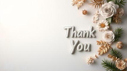 Poster - A clean minimalist 3D render of the phrase  Thank You  in smooth matte white letters perfectly centered against a pure white background with a simple elegant floral arrangement as a decorative accent