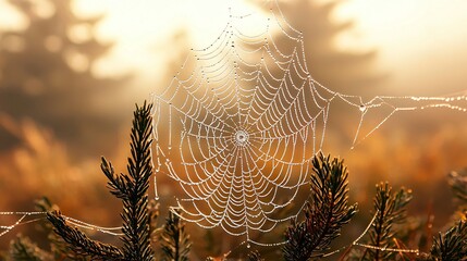 Poster - Dew on a spider web draped over a tree branch in the morning light creating a delicate and enchanting scene of nature's design