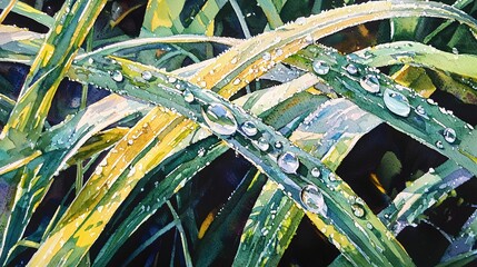 Poster - A vibrant painting of dew-kissed grass blades illuminated by the morning sun creating a fresh and invigorating natural scene