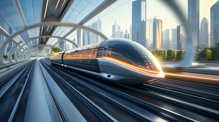 Aufkleber - 未来的な高速鉄道が都市の景観を駆け抜ける近未来デザイン 輝く金属製の電車と高層ビル群の調和