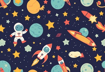 Wall Mural - Cute vintage cartoon astronaut, planet, star, rocket, and meteor seamless pattern, vector, baby