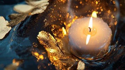 Poster - A beautiful candle accompanied by natural leaves to create an elegant abstract icon in gold leaf that enhances ambient decor