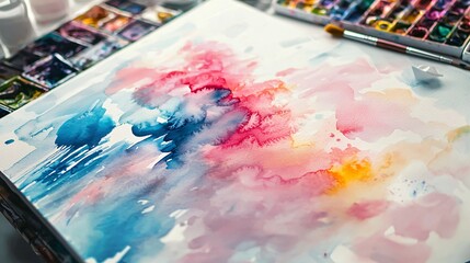 Poster - Beautiful painting on a table surrounded by soft light with colorful abstract patterns and pastels creating an artistic and inviting atmosphere