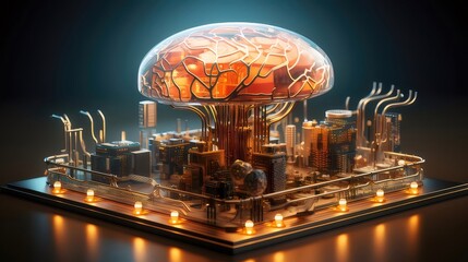 Poster - 発光するデジタル都市の頭脳と未来的なデザイン 暗い背景に輝く金属と金色の光による抽象的な3Dイラスト