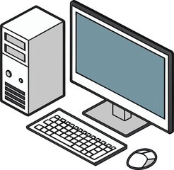 Fototapete - Isometric desktop computer setup illustration. Modern PC monitor and keyboard. Minimalist workstation digital design.