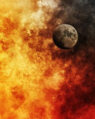 Wall Mural - dramatic cosmic scene featuring a textured planet against fiery nebula backdrop creating a celestial