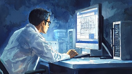 Poster - Engineer examining detailed 3d model on computer screen focused deeply on work in a bright and modern office environment setting