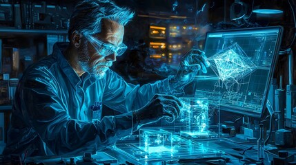Poster - Engineer manipulating a 3d model on computer screen with deep concentration and focus in a bright office environment dedicated to work