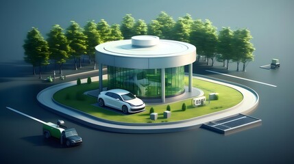 Poster - 未来的な都市環境における白い自動車とエネルギー充填ステーションの円形デザイン緑色の植栽と青色の背景