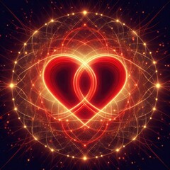 Poster - 
Two luminous red hearts intricately intertwined, surrounded by a soft, warm glow. The background features a subtle pattern of interconnected circles, creating a sense of unity and eternity