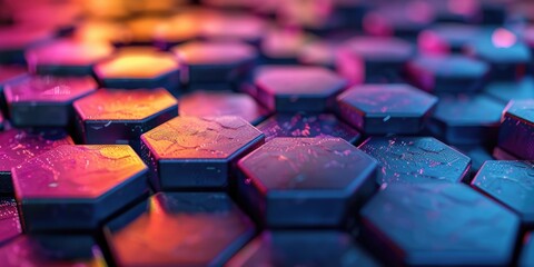 Poster - Close up of hexagonal blocks in a colorful abstract arrangement. 3D geometric design for digital art and prints. Macro photography of geometric shape with vibrant color or multi colored. AIG51.