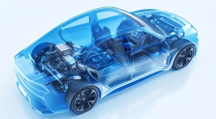 Aufkleber - 青い透明な車体の内部構造を詳細に描写 未来的な自動車デザインとテクノロジーの概念