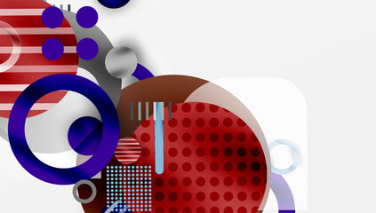 Poster - Abstract geometric composition. Circles, rectangles, lines create dynamic visual pattern. Red, blue, gray dominate design.