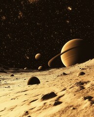 Wall Mural - saturn and moons on a sandy planet surface with stars in the background in a space landscape astrono