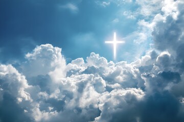 shining cross in clouds on blue sky. copy space. ascension day concept. christian easter. faith in j