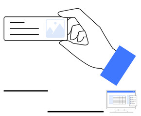 Poster - hand holding card with text and image placeholder near computer showing a data table. ideal for iden