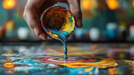Poster - A person's hand gracefully holding a paintbrush above a canvas, ready to create stunning art with marbling techniques and focused expression