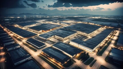 Poster - 夜間照明都市の航空写真 高層建物と道路の光景 青い空と街の景色 未来的な都市デザイン