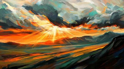 Poster - Artistic painting depicting a stunning sunset with intense abstract light rays breaking through clouds for a dramatic visual experience