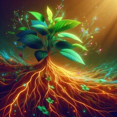 Poster - A vibrant, emerald green plant with intricate, glowing roots extending deep into fertile soil, bathed in soft, golden light. The leaves are reaching upwards, some unfurling delicate, colorful blossoms