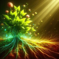 Poster - A vibrant, emerald green plant with intricate, glowing roots extending deep into fertile soil, bathed in soft, golden light. The leaves are reaching upwards, some unfurling delicate, colorful blossoms