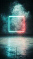 Poster - Glowing neon square in smoky dark room with reflective floor