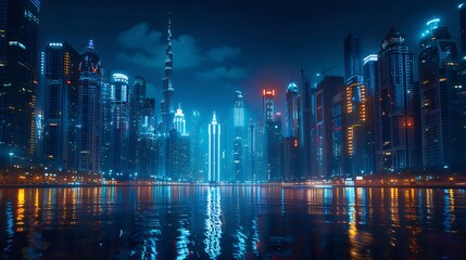 Poster - 夜の水辺にそびえ立つ未来的な高層ビルの夜景 輝くライトと青い光が都市を照らす風景