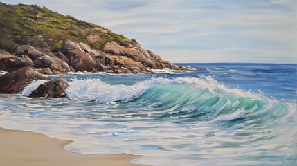 Poster - majestic wave crashing on serene beach captured in a beautifully layered abstract painting represent