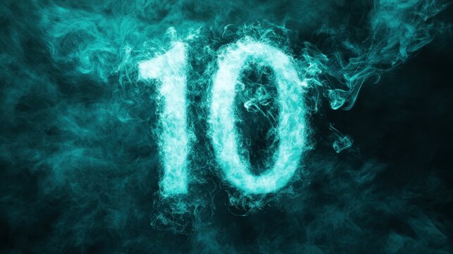 The number ten, white, is on a dark teal background with a smoky effect.