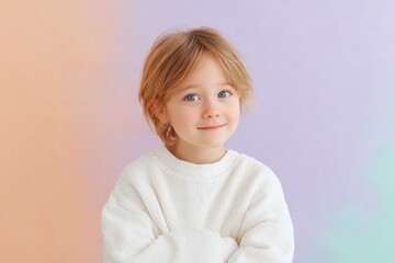 Poster - cheerful child sitting against softly blurred pastel background