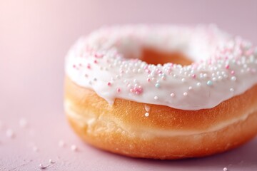 Poster - close-up of donut with frosting and sprinkles in focus against blurred background