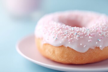 Poster - close-up of donut with frosting and sprinkles in focus against blurred background