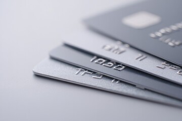 Poster - close-up of credit cards partially overlapping each other arranged diagonally on simple monochromati