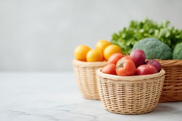 Poster - farmer market stall with baskets of fresh colorful vegetables and fruits on display with ample copy space