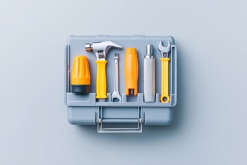 Poster - minimalist view of electrician toolbox with essential tools neatly arranged on plain surface