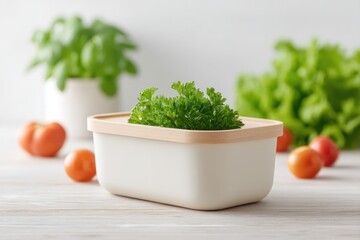 Poster - minimalistic lunchbox on wooden table surrounded by fresh vegetables with ample copy space on white surface behind