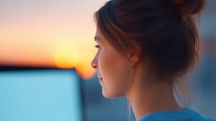 Poster - person engaging in remote work at desk blur background minimalistic style clean image