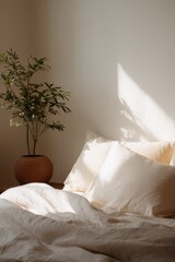 Poster - serene bedroom scene with neatly made bed bathed in soft morning light minimalistic design