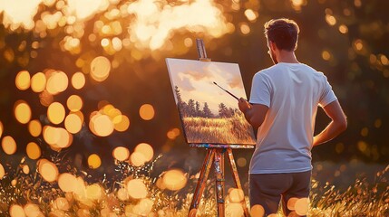 Poster - Creative man painting a beautiful landscape with dreamy bokeh effect of nature in a scenic outdoor setting capturing artistic inspiration
