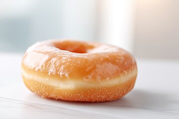 Poster - single glazed donut rests elegantly on minimalist white table against light background