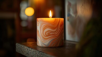 Poster - Single candle placed on a shelf in a cozy home setting offering a soft warm glow that adds to the inviting ambiance of the room
