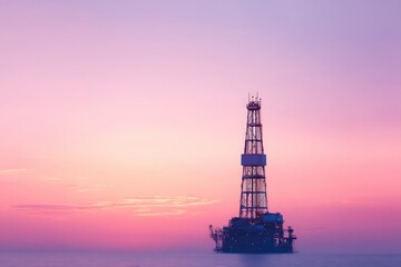 Poster - sleek oil rig silhouette set against vibrant neon color background with ample copy space